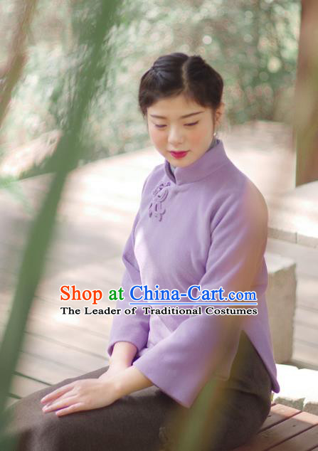 Asian China National Costume Hanfu Slant Opening Purple Woolen Qipao Blouse, Traditional Chinese Tang Suit Cheongsam Shirts Clothing for Women