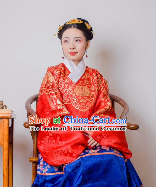 Asian China Ming Dynasty Palace Lady Costume Red Brocade Wedding Blouse, Traditional Ancient Chinese Princess Hanfu Embroidered Clothing for Women