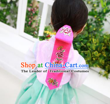 Traditional Korean Hair Accessories Embroidered Flowers Pink Hair Ribbon, Asian Korean Fashion Headwear Wedding Headband for Kids