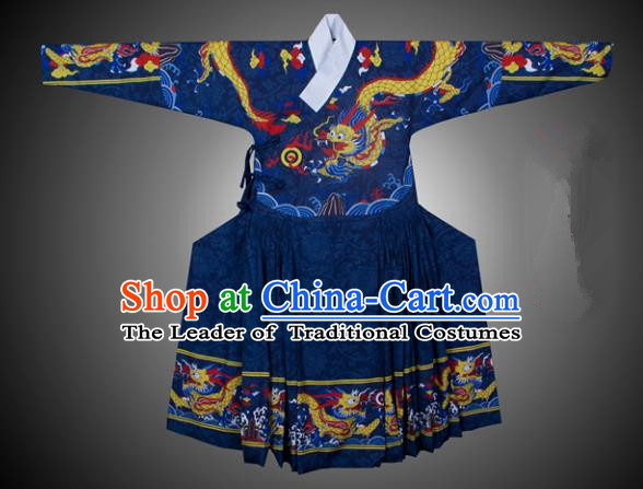 Asian China Ming Dynasty Swordsman Costume Printing Blue Robe, Traditional Ancient Chinese Imperial Bodyguard Hanfu Clothing for Men