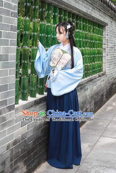 Asian China Ming Dynasty Princess Costume Blue Blouse and Skirt, Traditional Ancient Chinese Palace Lady Hanfu Embroidered Clothing for Women