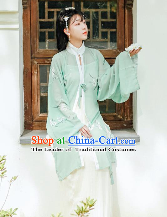 Asian China Ming Dynasty Princess Costume Green Long Blouse, Traditional Ancient Chinese Palace Lady Hanfu Embroidered Shirt Clothing for Women