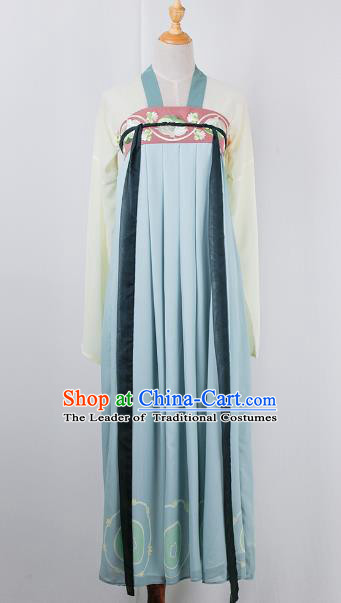 Asian China Tang Dynasty Princess Costume, Traditional Ancient Chinese Palace Lady Embroidered Hanfu Blue Slip Skirt Clothing for Women