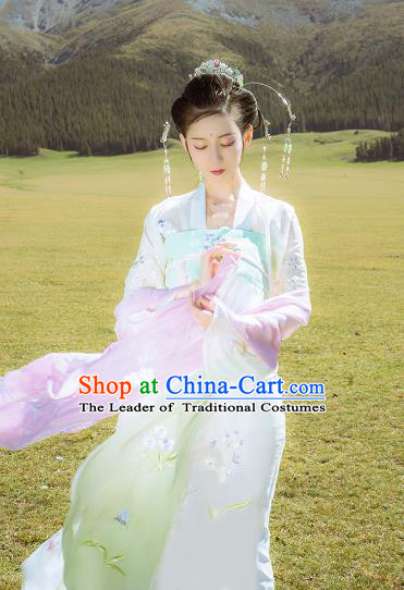 Asian China Tang Dynasty Palace Lady Costume, Traditional Ancient Chinese Imperial Princess Hanfu Embroidered Clothing for Women