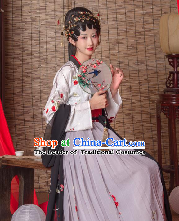 Asian China Tang Dynasty Imperial Consort White Costume Complete Set, Traditional Ancient Chinese Imperial Princess Hanfu Embroidered Clothing for Women