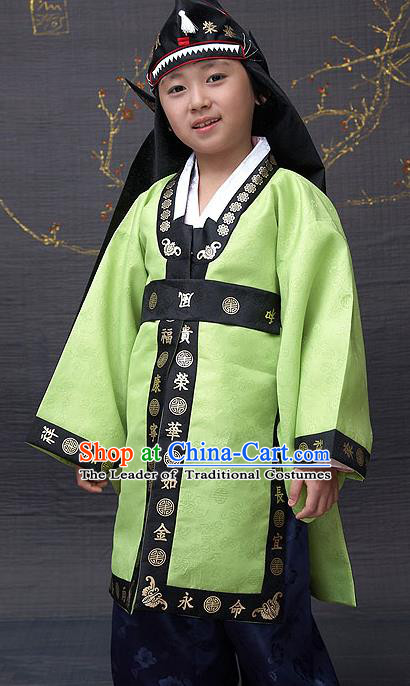 Traditional Korean National Top Grade Handmade Court Embroidered Costume, Asian Korean Boys Green Hanbok Clothing for Kids