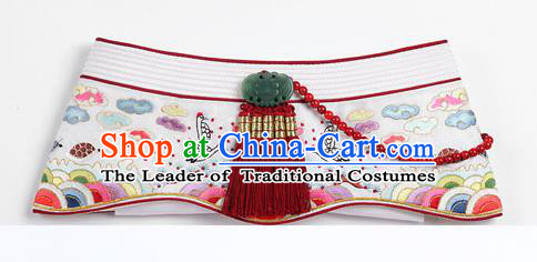 Traditional Korean Hair Accessories Bride White Embroidered Hats, Asian Korean Fashion Imperial Empress Wedding Tassel Headwear for Women