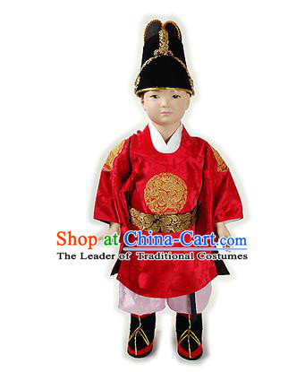 Traditional Korean National Handmade Court Embroidered Costume Boys Emperor Red Robe, Asian Korean Hanbok Clothing for Kids