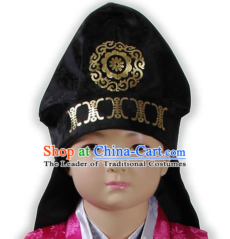 Traditional Korean Hair Accessories Embroidered Black Hats, Asian Korean Fashion National Boys Headwear for Kids