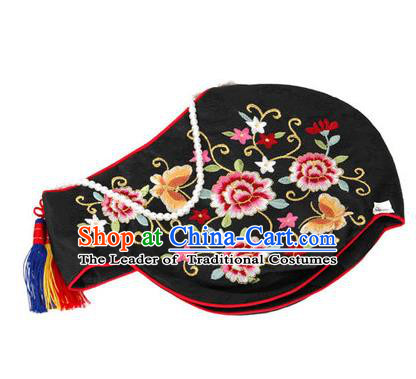 Traditional Korean Hair Accessories Embroidered Black Hats, Asian Korean Fashion Headwear Wedding Headband for Kids