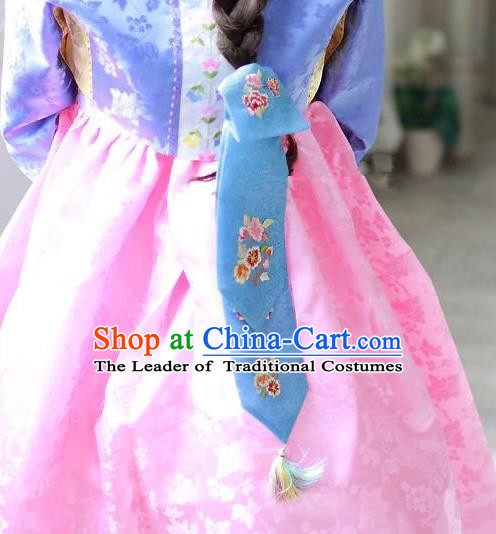 Traditional Korean Hair Accessories Embroidered Blue Hair Ribbon, Asian Korean Fashion Wedding Headband for Kids