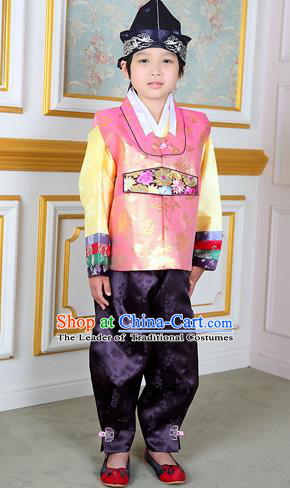 Traditional Korean National Handmade Court Embroidered Pink Costume, Asian Korean Boys Hanbok Clothing for Kids