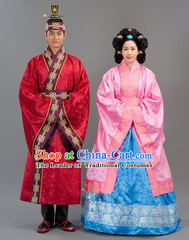 Traditional Korean National Handmade Court Embroidered Wedding Clothing, Asian Korean Bride Pink Dress Costume for Women