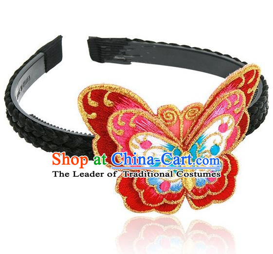 Traditional Korean Hair Accessories Embroidered Red Butterfly Hair Clasp, Asian Korean Fashion Wedding Headwear for Kids