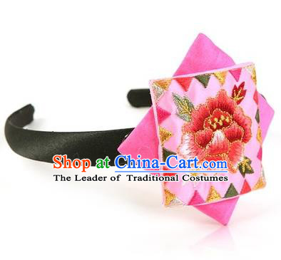 Traditional Korean Hair Accessories Embroidered Peony Hair Clasp, Asian Korean Fashion Wedding Pink Headband for Kids