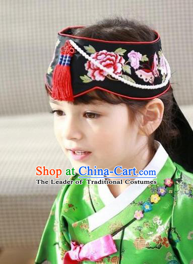 Traditional Korean Hair Accessories Embroidered Hat, Asian Korean Fashion Wedding Black Headband for Kids