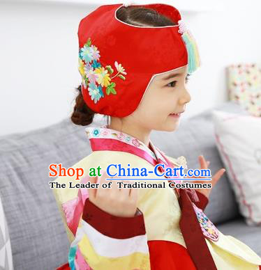 Traditional Korean Hair Accessories Embroidered Hat, Asian Korean Fashion Baby Princess Red Hats for Kids