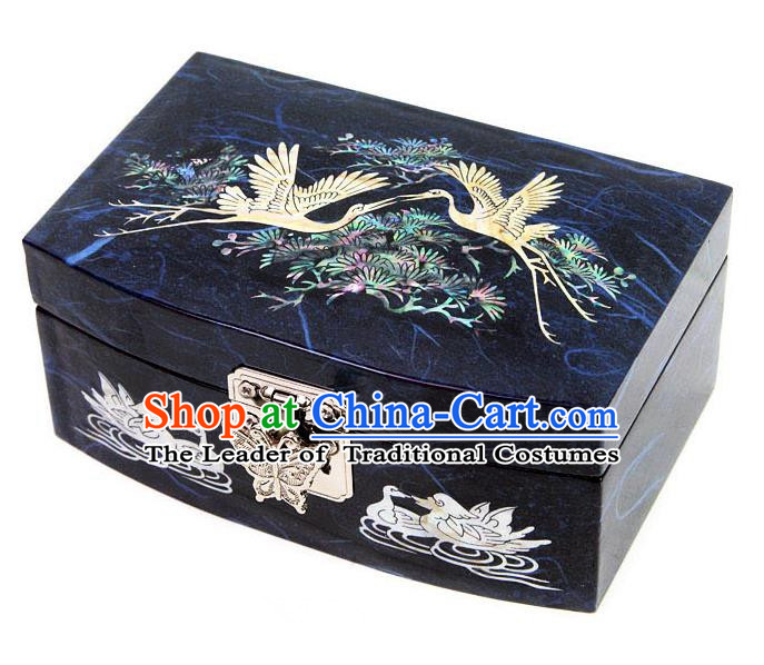 Traditional Korean Craft Handmade Printing Crane Blue Shell Cosmetic Container, Asian Korean Wedding Jewellery Box for Women