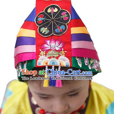 Traditional Korean Hair Accessories Bride Red Embroidered Hats, Asian Korean Fashion Wedding Headwear for Kids