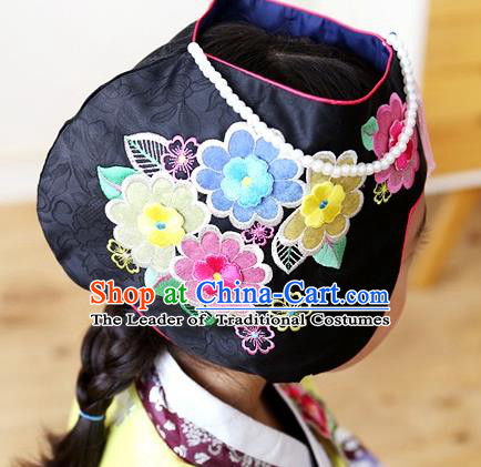 Traditional Korean Hair Accessories Bride Black Embroidered Hats, Asian Korean Fashion Wedding Headwear for Kids