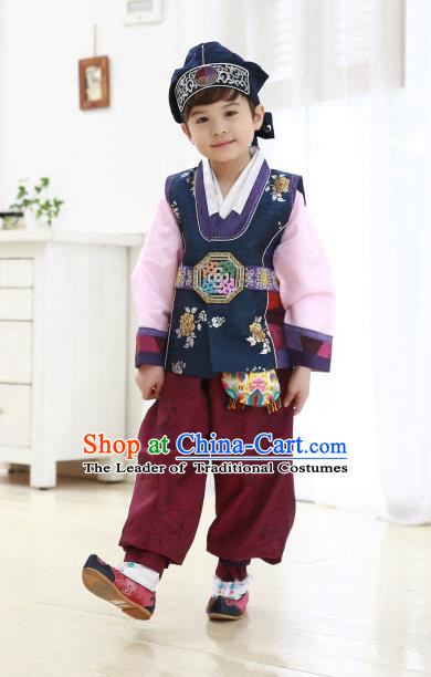 Traditional Korean Handmade Hanbok Embroidered Formal Occasions Blue Costume, Asian Korean Apparel Hanbok Clothing for Boys