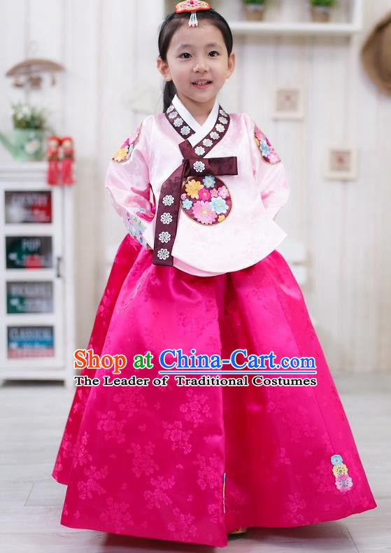 Traditional Korean Handmade Formal Occasions Embroidered Girls Wedding Costume, Asian Korean Apparel Palace Hanbok Rosy Dress Clothing for Kids
