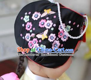 Traditional Korean Hair Accessories Embroidered Flowers Black Hats, Asian Korean Fashion Children Wedding Headwear for Girls