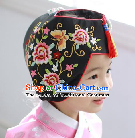 Traditional Korean Hair Accessories Bride Black Embroidered Hats, Asian Korean Fashion Wedding Tassel Headwear for Kids