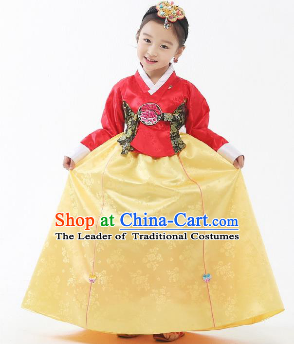 Traditional Korean Handmade Formal Occasions Embroidered Palace Princess Hanbok Yellow Dress Clothing for Girls