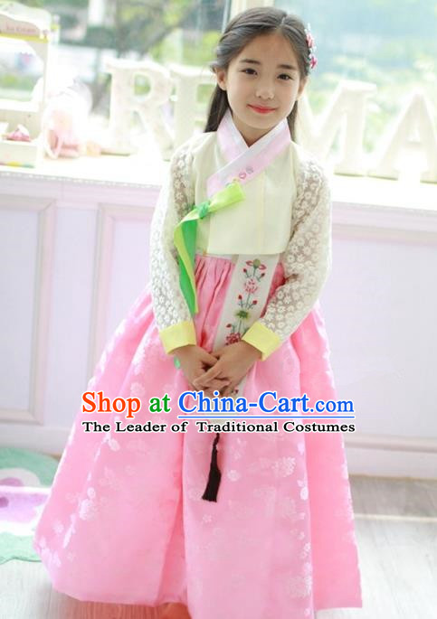 Traditional Korean Handmade Formal Occasions Embroidered Pink Costume, Asian Korean Apparel Hanbok Dress Clothing for Girls