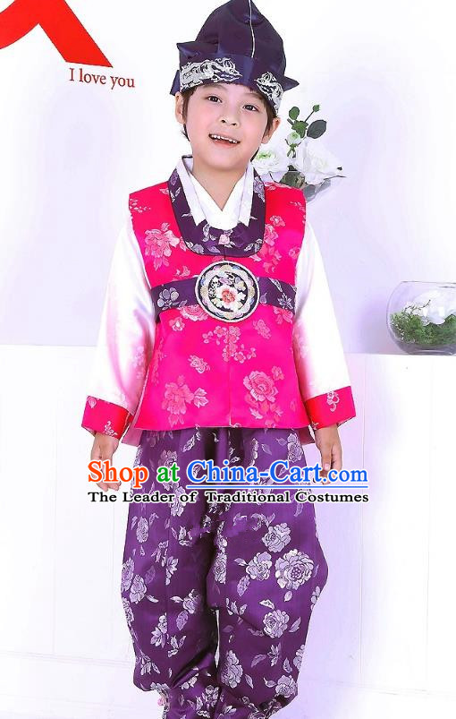 Traditional Korean Handmade Formal Occasions Pink Costume and Hats, Asian Korean Apparel Hanbok Clothing for Boys