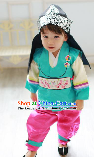 Traditional Korean Handmade Formal Occasions Green Costume and Hats, Asian Korean Apparel Hanbok Clothing for Boys