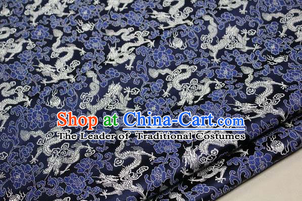 Chinese Traditional Palace White Dragons Pattern Cheongsam Navy Brocade Fabric, Chinese Ancient Costume Tang Suit Hanfu Satin Material