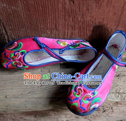 Traditional Chinese Ancient Princess Rosy Cloth Shoes Embroidered Shoes, China Handmade Embroidery Hanfu Shoes for Women