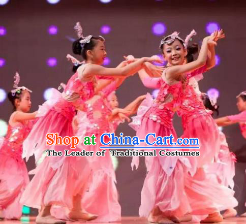 Traditional Chinese Yangge Fan Dance Costume, Folk Dance Drum Dance Uniform Yangko Pink Clothing for Kids