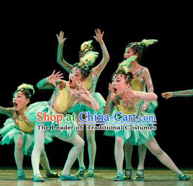 Traditional Chinese Yangge Fan Classic Dance Costume, Folk Dance Drum Dance Uniform Yangko Green Clothing for Kids
