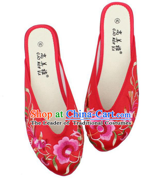 Traditional Chinese National Red Satin Embroidered Shoes, China Handmade Embroidery Peony Hanfu Slippers for Women