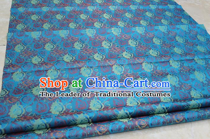 Chinese Traditional Wedding Cheongsam Blue Brocade Ancient Costume Palace Flowers Pattern Satin Fabric Hanfu Material