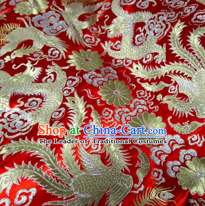 Chinese Traditional Royal Court Phoenix Dragons Pattern Red Brocade Ancient Costume Tang Suit Cheongsam Bourette Fabric Hanfu Material