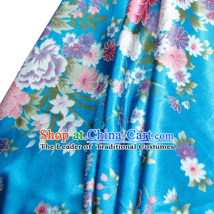 Chinese Traditional Royal Palace Printing Flowers Design Hanfu Blue Brocade Fabric Ancient Costume Tang Suit Cheongsam Material