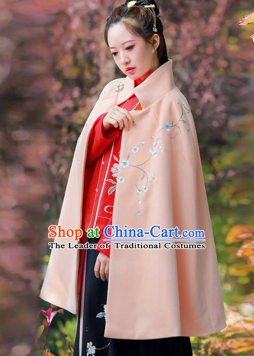 Traditional Chinese Ming Dynasty Young Lady Hanfu Costume Embroidered Pink Short Cloak for Women
