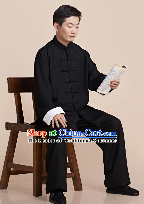 Traditional Chinese Kung Fu Black Linen Costume, China Martial Arts Uniform Tai Ji Tang Suit Clothing for Men