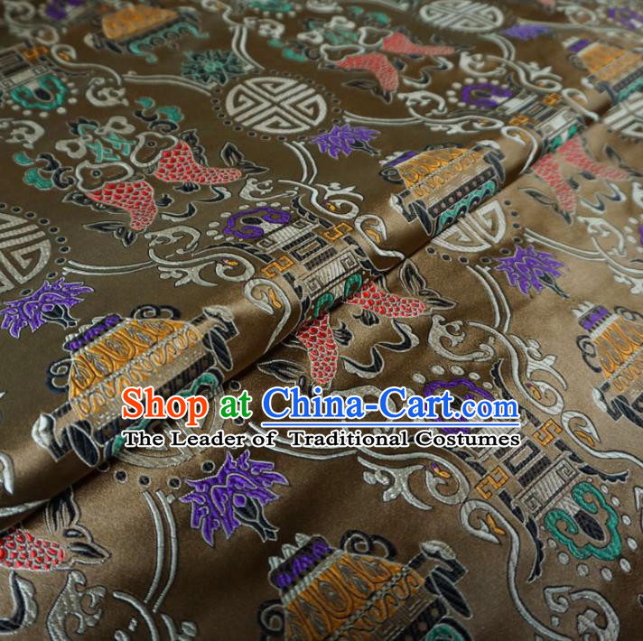 Chinese Traditional Palace Double Fish Pattern Hanfu Brown Brocade Fabric Ancient Costume Tang Suit Cheongsam Material