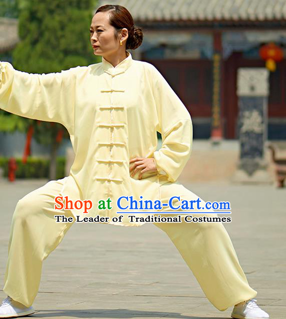 Chinese Kung Fu Plated Buttons Costume, Traditional Martial Arts Kung Fu Tai Ji Yellow Uniform for Women for Men