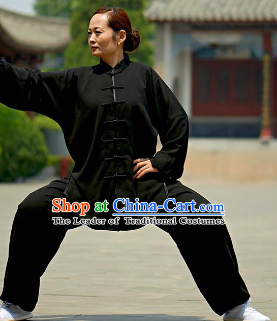 Chinese Kung Fu Plated Buttons Costume, Traditional Martial Arts Kung Fu Tai Ji Black Uniform for Women for Men