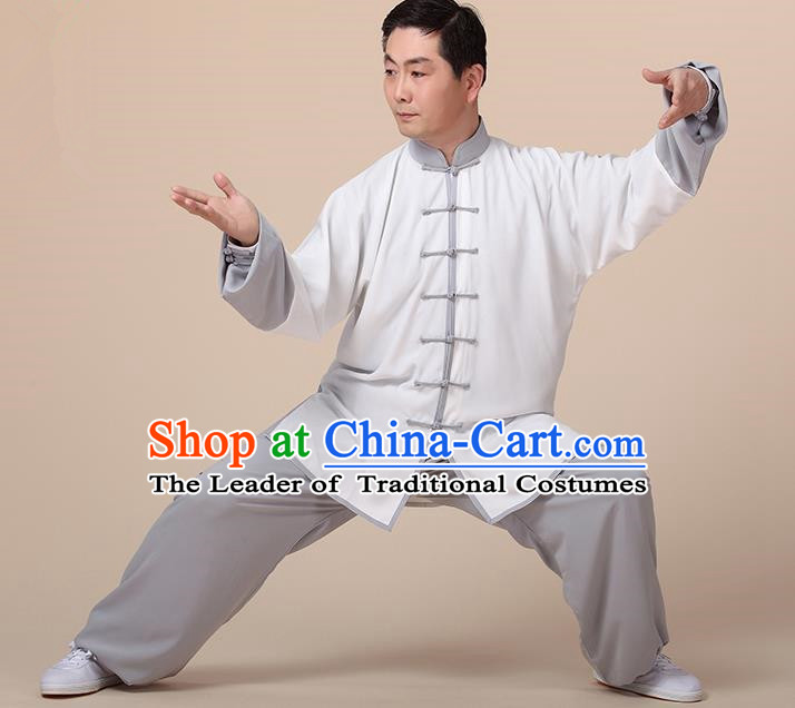 Chinese Kung Fu Grey Plated Buttons Costume, Traditional Martial Arts Kung Fu Tai Ji Uniform for Women for Men