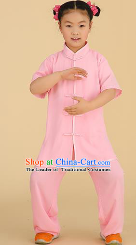 Chinese Kung Fu Linen Plated Buttons Costume, Traditional Martial Arts Tai Ji Pink Uniform for Kids