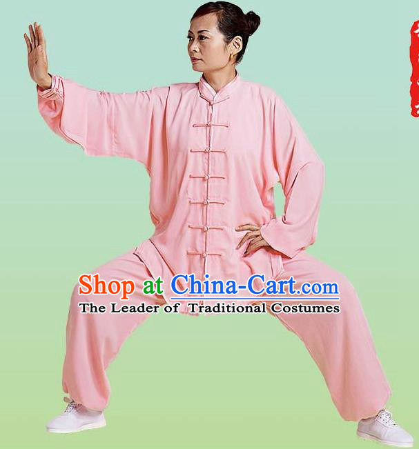 Top Grade Chinese Linen Kung Fu Costume, China Traditional Martial Arts Kung Fu Training Pink Uniform Wushu Clothing for Adult