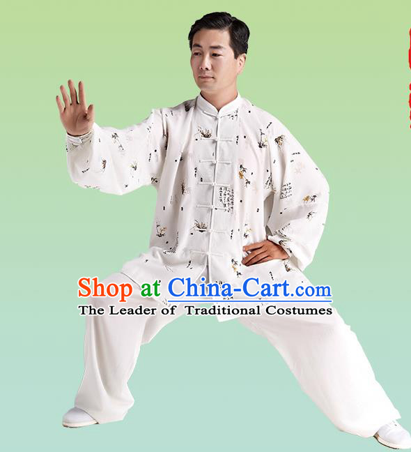 Top Grade Chinese Linen Kung Fu Costume, China Traditional Martial Arts Kung Fu Taiji Training Printing Uniform for Adult