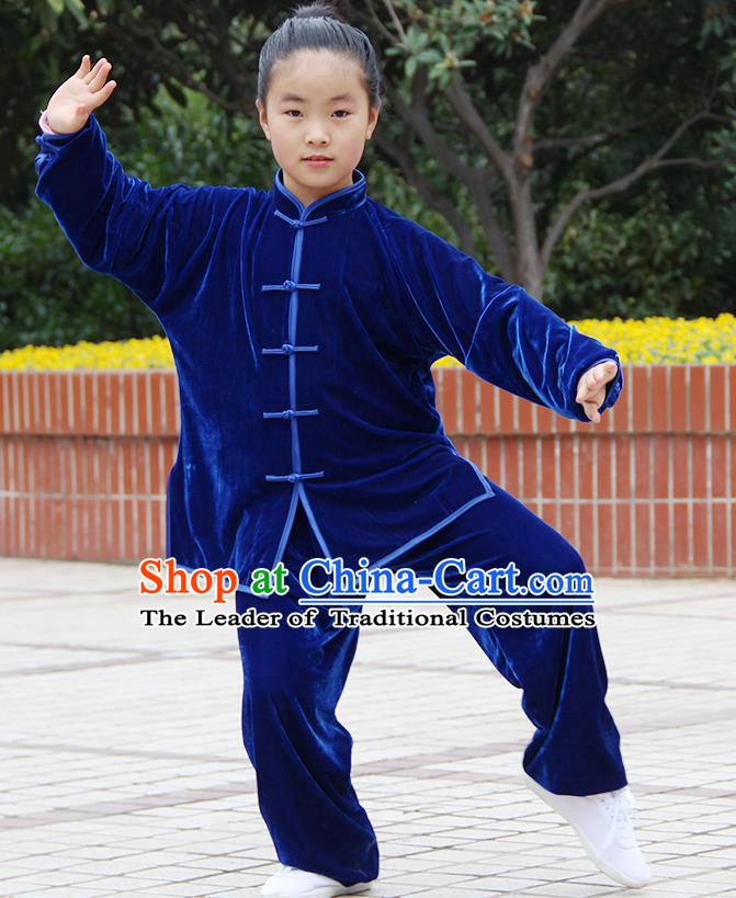 Traditional Chinese Kung Fu Blue Velvet Costume, China Martial Arts Tai Ji Uniform Clothing for Kids